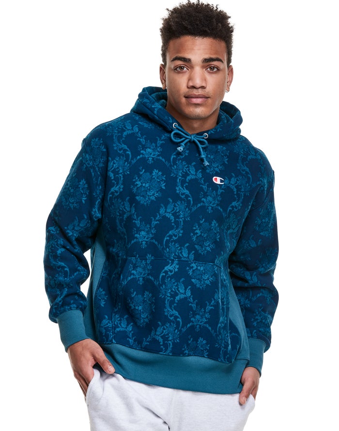 Champion Reverse Weave All Over Print Blue Hoodie Mens - South Africa KPHEGI264
